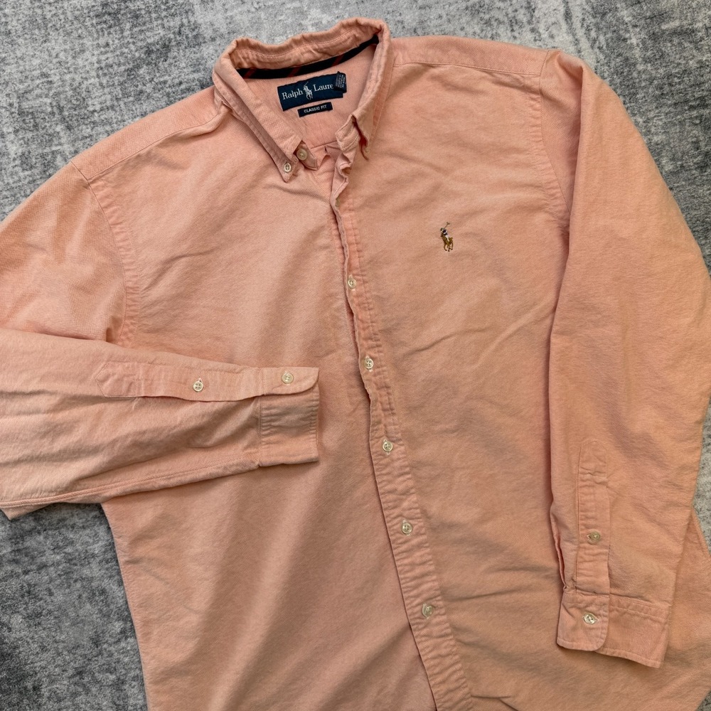 Polo Ralph Lauren Shirt Mens Large Peach Oxford Cotton OCBD Classic Flesh Pony